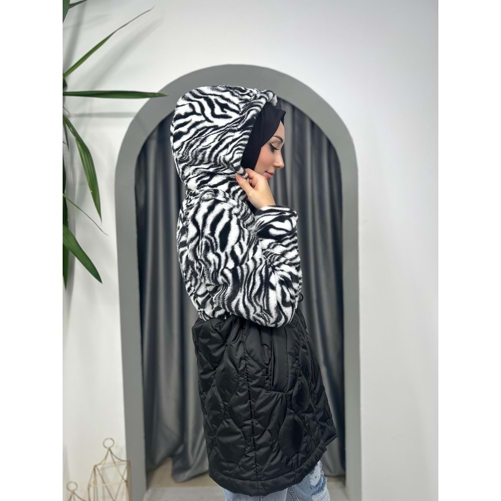 Animal Desenli Kapişonlu Mont 31275 - Siyah - M - AZRA03562-Siyah-M