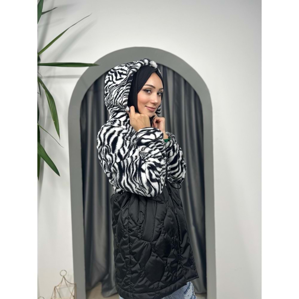 Animal Desenli Kapişonlu Mont 31275 - Siyah - M - AZRA03562-Siyah-M