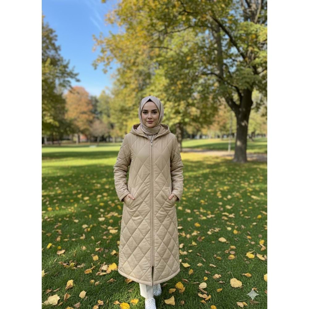 Kapişonlu Kapitone Mont 8407 - Bej - 38 - AZRA03858-Bej-38