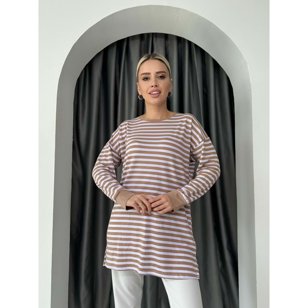 İnce Çizgili Tunik 674 - Sütlü Kahve - L-XL