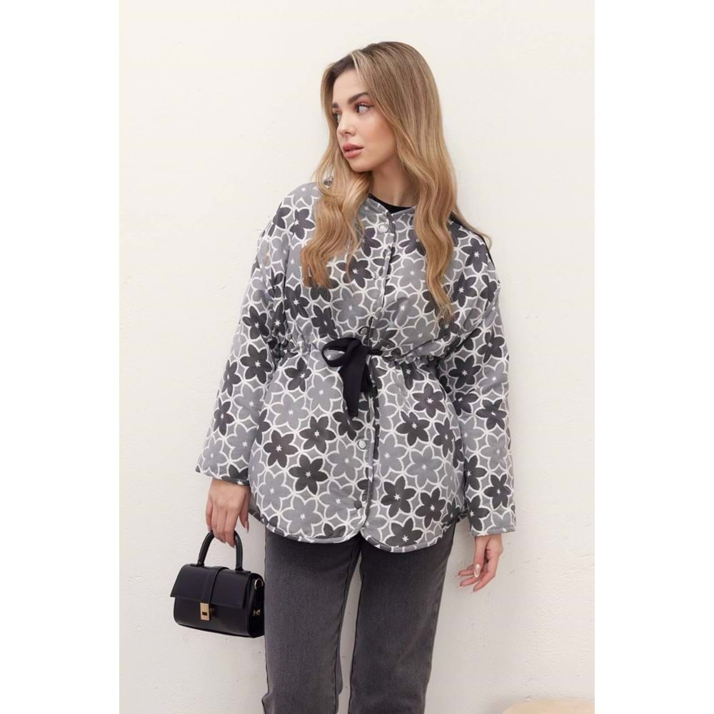 Begonia Çiçek Desenli Ceket 6185 - Gri - L-XL - AZRA04089-Gri-L-XL