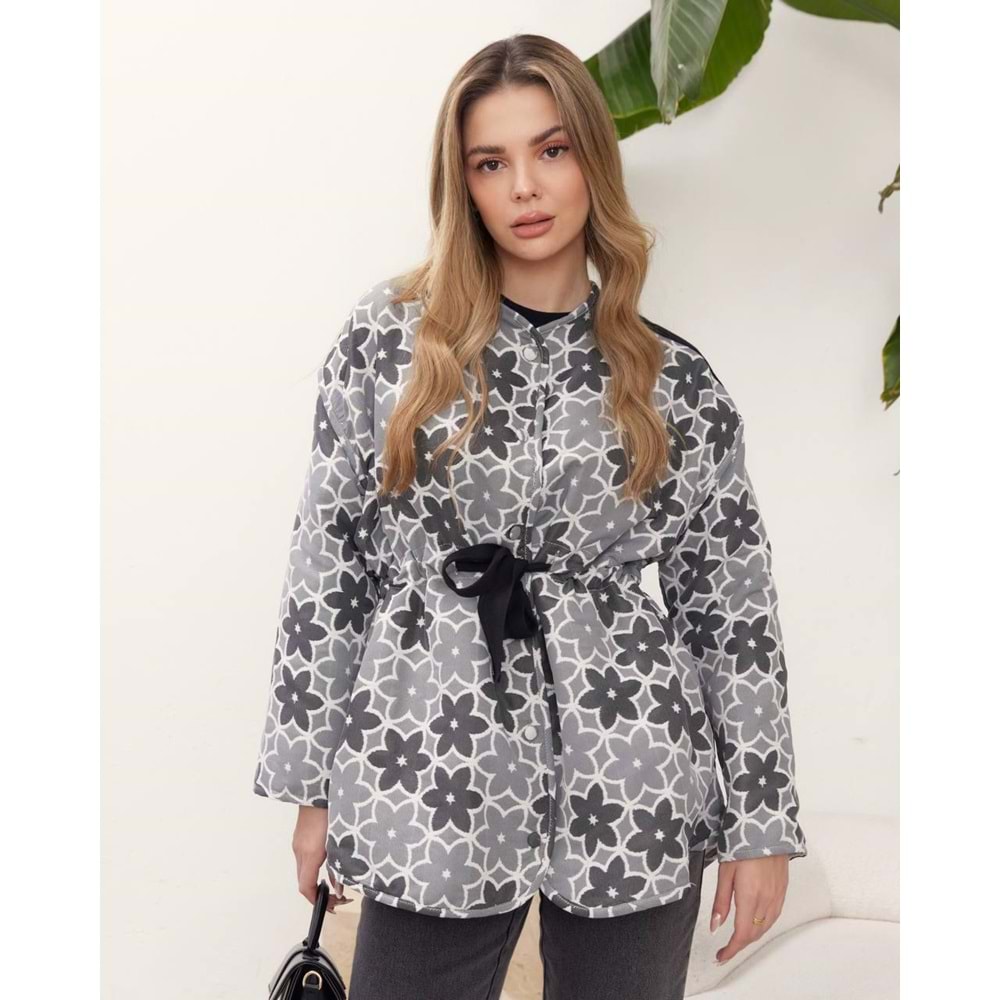 Begonia Çiçek Desenli Ceket 6185 - Gri - L-XL - AZRA04089-Gri-L-XL