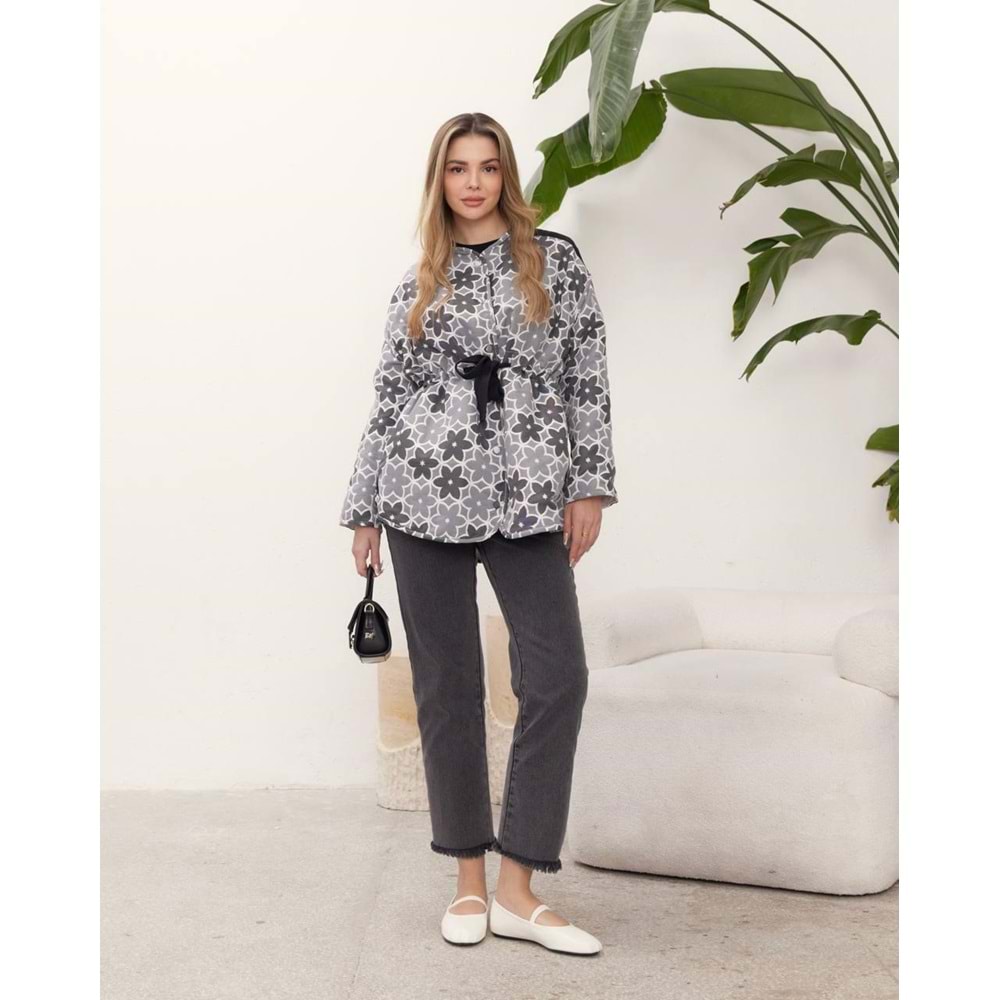 Begonia Çiçek Desenli Ceket 6185 - Gri - L-XL - AZRA04089-Gri-L-XL
