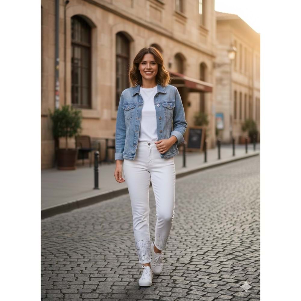 Taşlı Kot Pantolon 2500 - Beyaz - 38 - AZRA04118-Beyaz-38