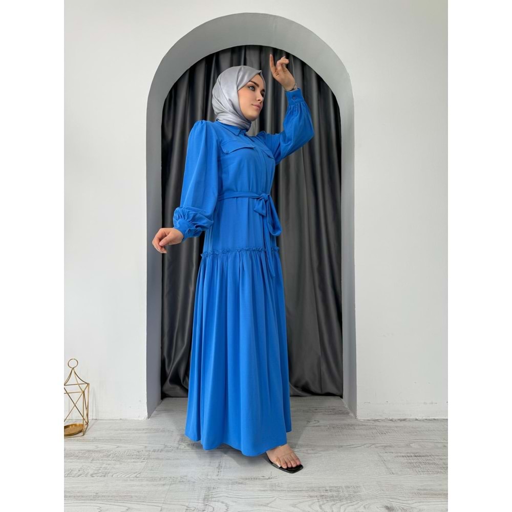 Puane Eteği Fırfırlı Elbise 12502 - Mavi - S - AZRA04699-Mavi-S