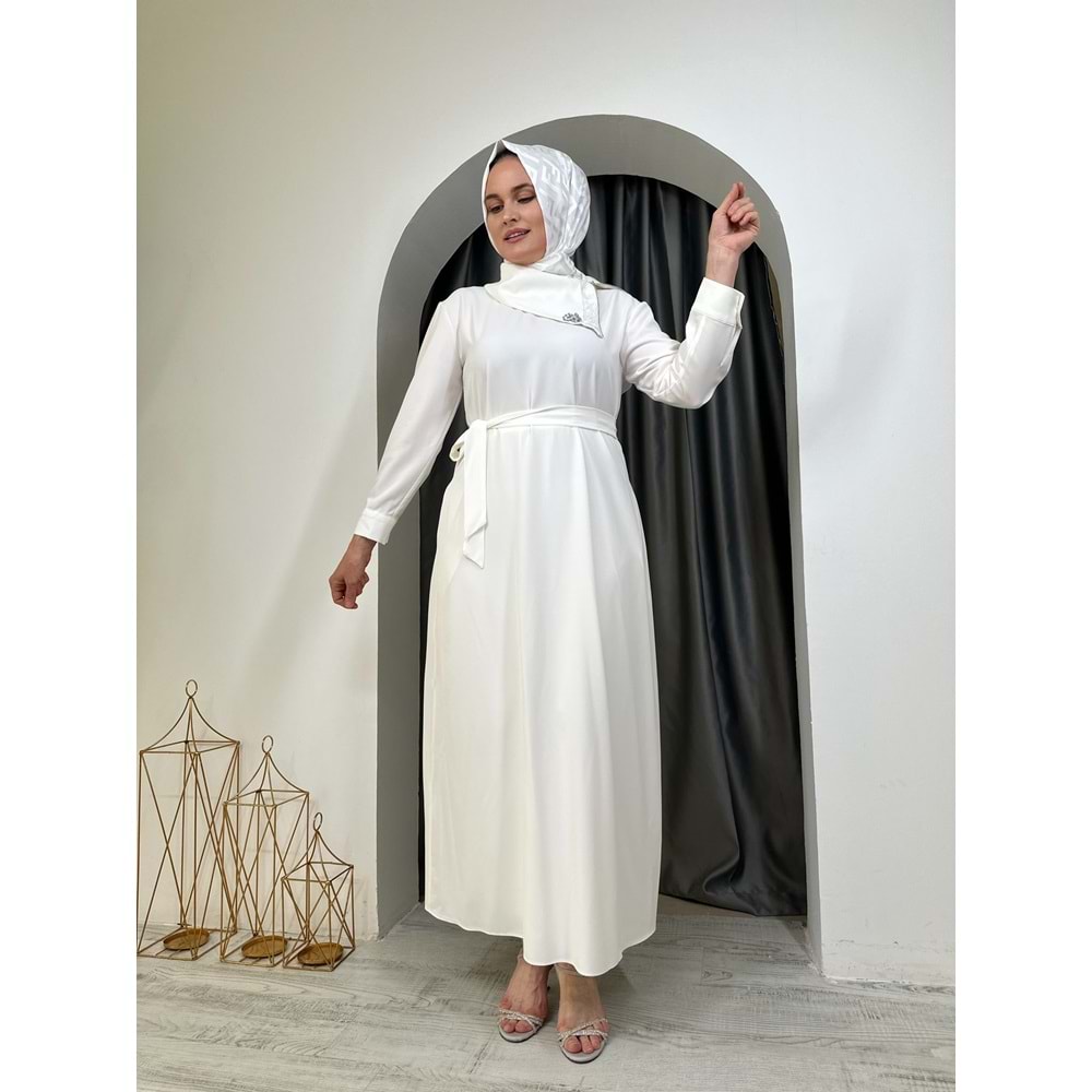 Puane Ema Yaka Taşlı Abiye 12532 - Beyaz - S