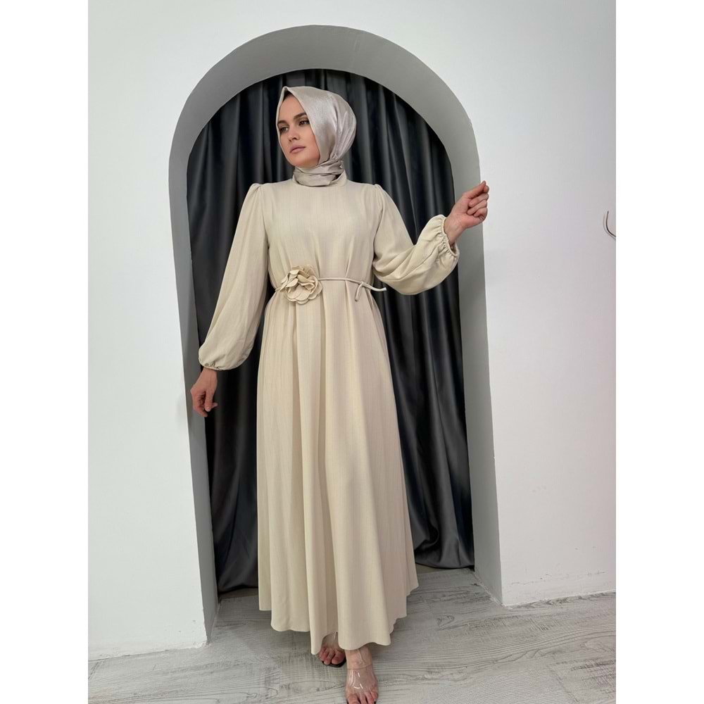 Puane Sim Çizgili Güllü Abiye 12541 - Bej - 38