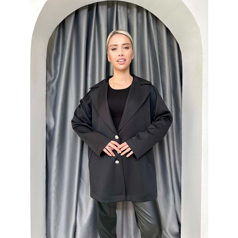 Oversize Basic Ceket 33695 - Siyah - TEK BEDEN - AZRA04999-Siyah-TEK BEDEN