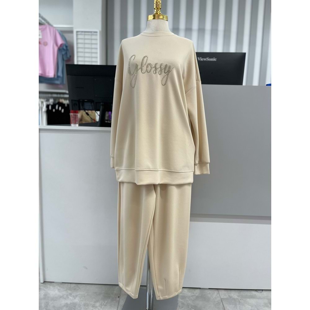 Nakış Ve Taş Yazılı Takım 33280 - Bej - M - AZRA05004-Bej-M