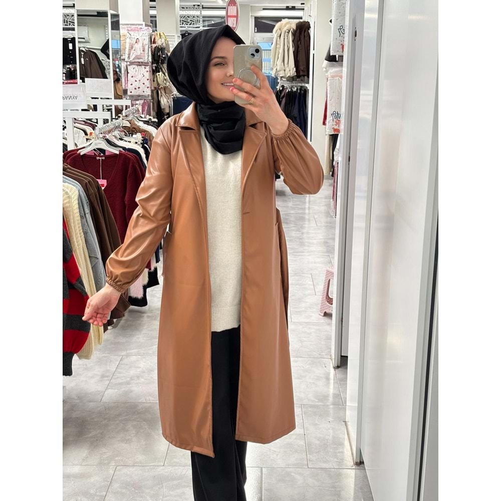 Uzun Deri Trenç 9029 - azra fashion - Kahve Rengi - S