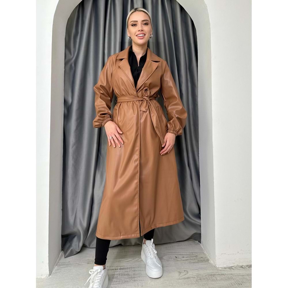 Uzun Deri Trenç 9029 - azra fashion - Kahve Rengi - S