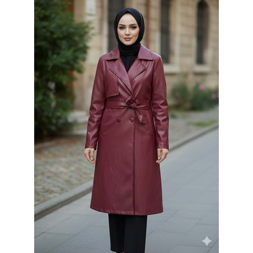 Astarlı Rüzgarlıklı Deri Trenç 6216 - Bordo - 40 - AZRA05072-Bordo-40