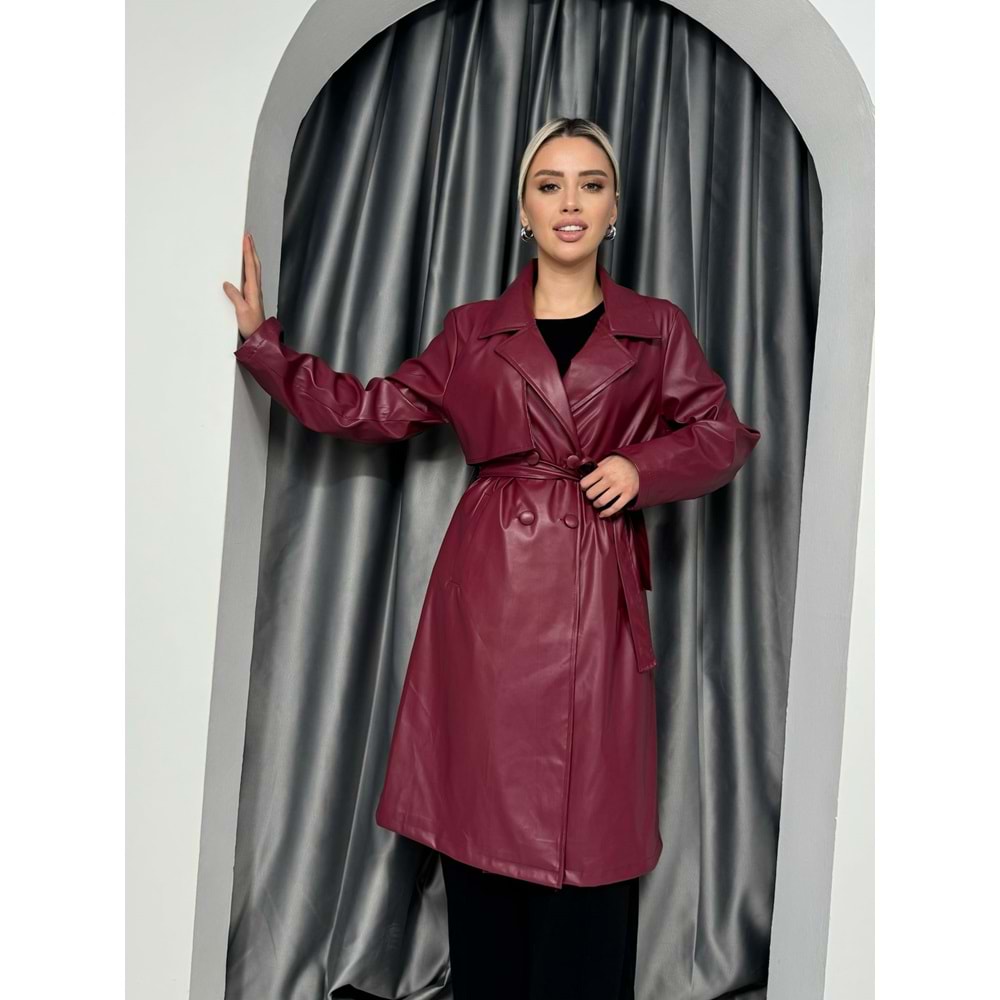 Astarlı Rüzgarlıklı Deri Trenç 6216 - Bordo - 40 - AZRA05072-Bordo-40