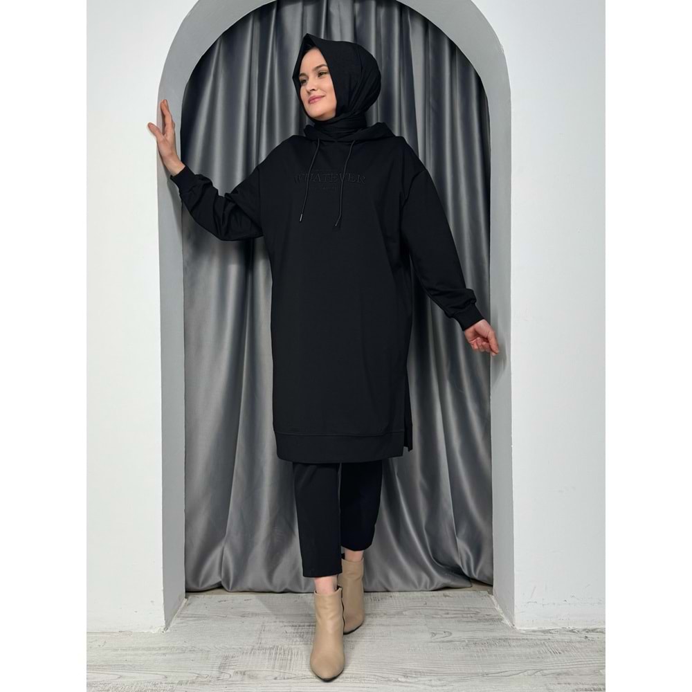 İkoll Tonaton Nakışlı Kapişonlu Tunik 33201 - Siyah - TEK BEDEN
