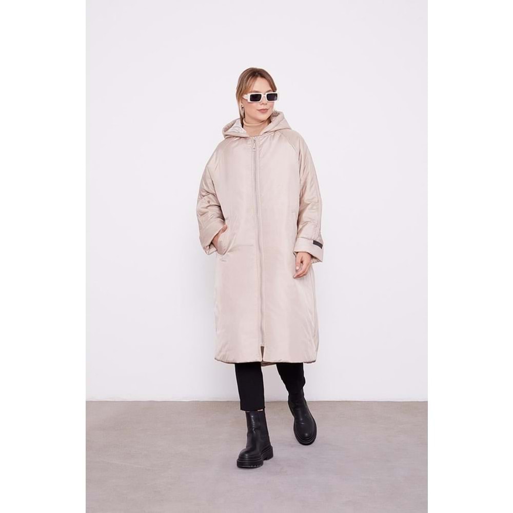 Kolları Ribana Detaylı Uzun Mont 560016 - Bej - TEK BEDEN