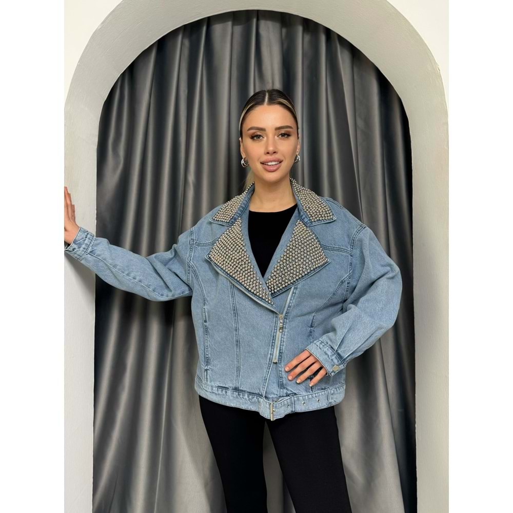 Yakası ve Önü Zımbalı Kot Ceket 7270 - Mavi - TEK BEDEN - AZRA05315-44292
