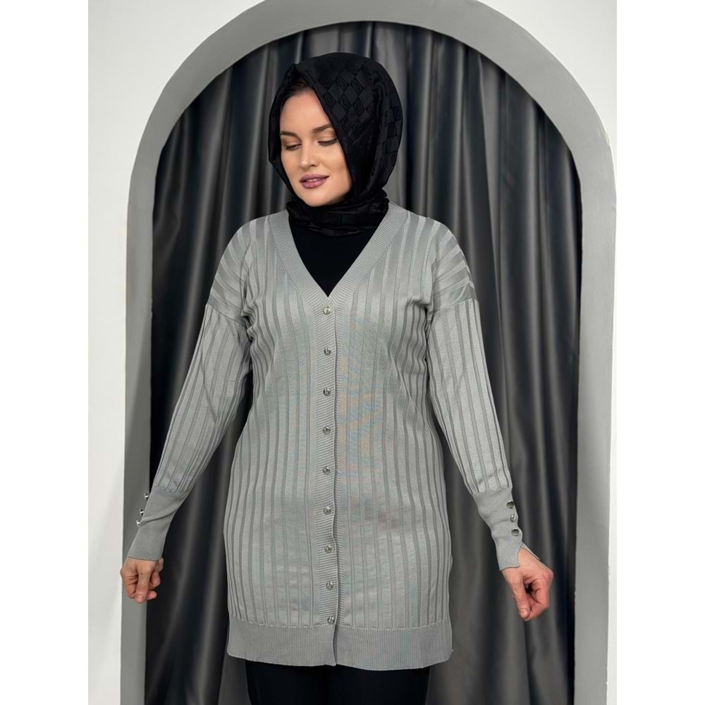 Çizgili Merserize Hırka 3179 - Gri - TEK BEDEN - AZRA05355-44651