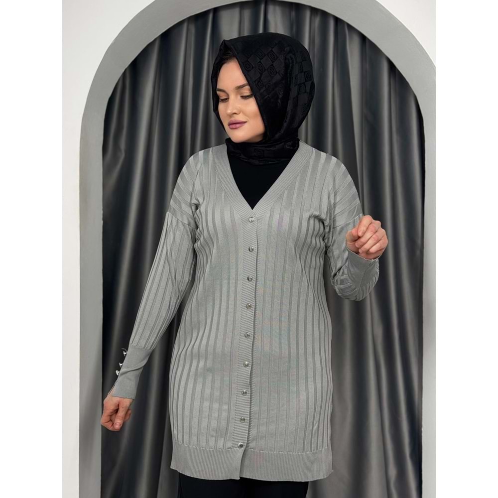 Çizgili Merserize Hırka 3179 - Gri - TEK BEDEN - AZRA05355-44651