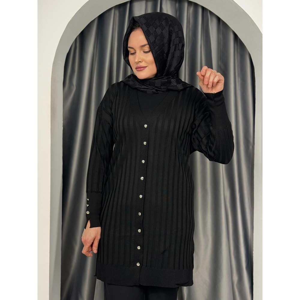 Çizgili Merserize Hırka 3179 - Siyah - TEK BEDEN - AZRA05355-44656