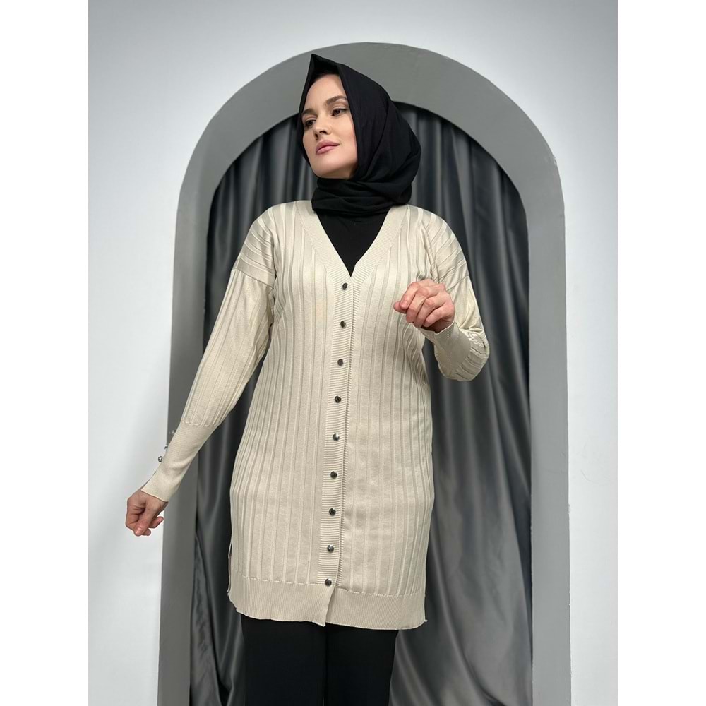Çizgili Merserize Hırka 3179 - Bej - TEK BEDEN - AZRA05355-45145