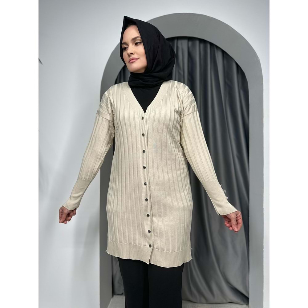 Çizgili Merserize Hırka 3179 - Bej - TEK BEDEN - AZRA05355-45145