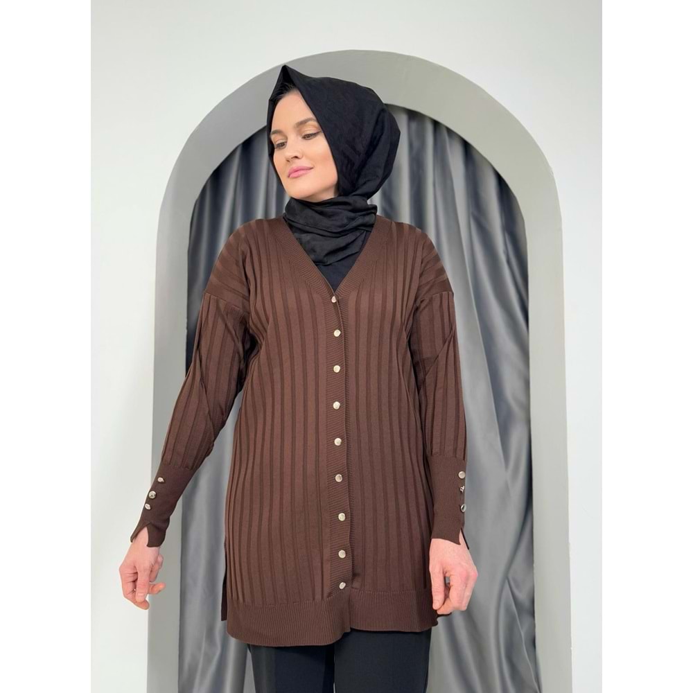 Çizgili Merserize Hırka 3179 - azra fashion - Acı Kahve - TEK BEDEN