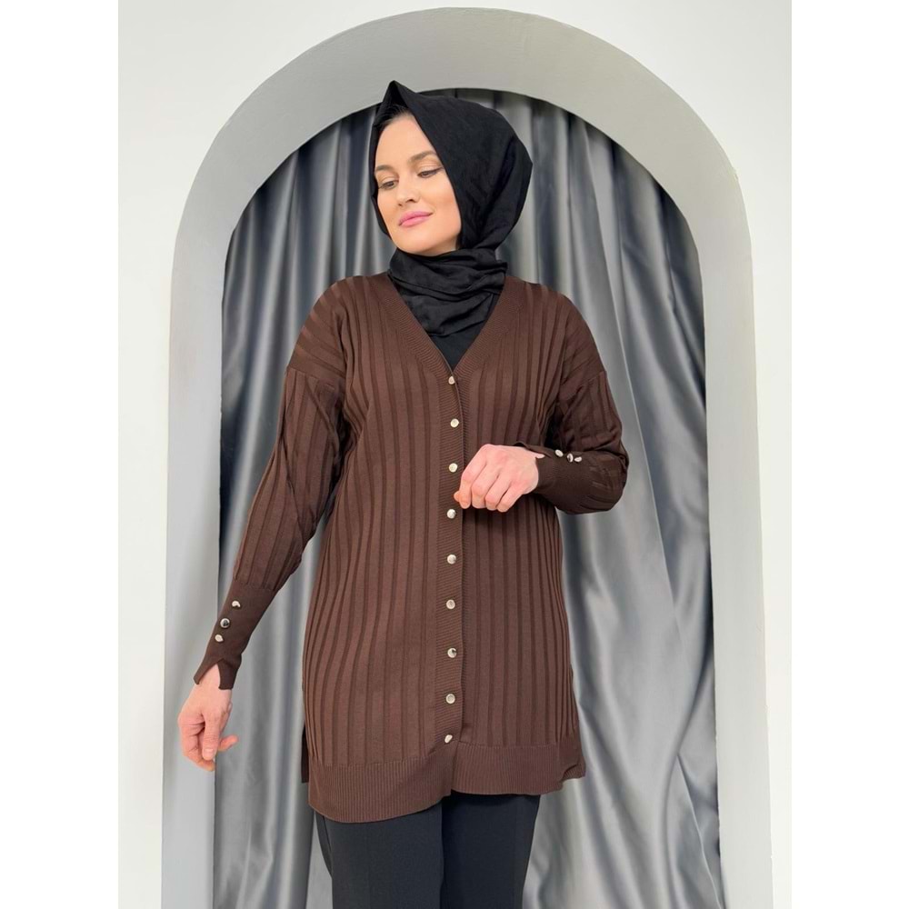 Çizgili Merserize Hırka 3179 - azra fashion - Acı Kahve - TEK BEDEN