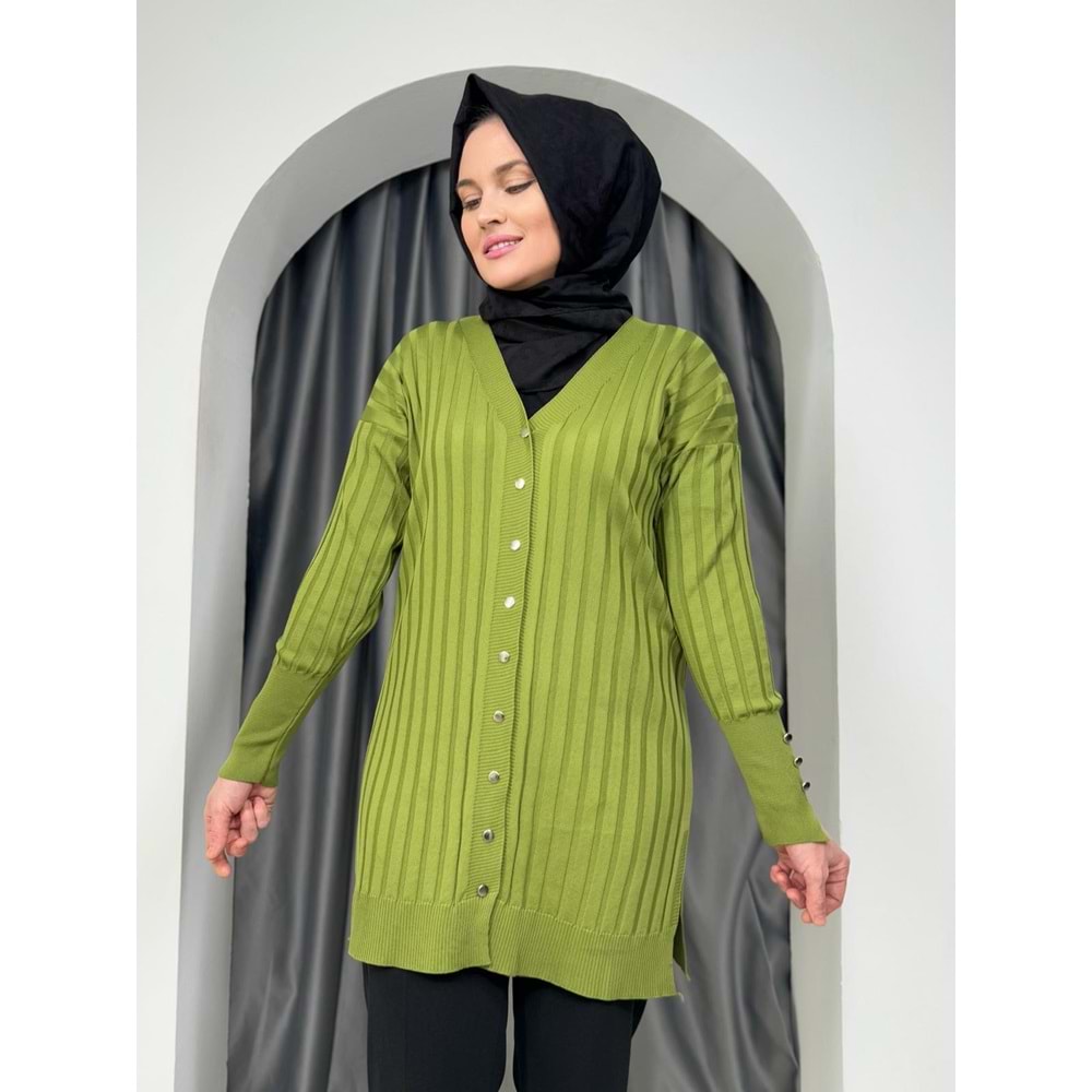 Çizgili Merserize Hırka 3179 - azra fashion - Fıstık Yeşili - TEK BEDEN