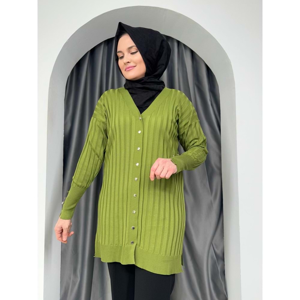 Çizgili Merserize Hırka 3179 - azra fashion - Fıstık Yeşili - TEK BEDEN