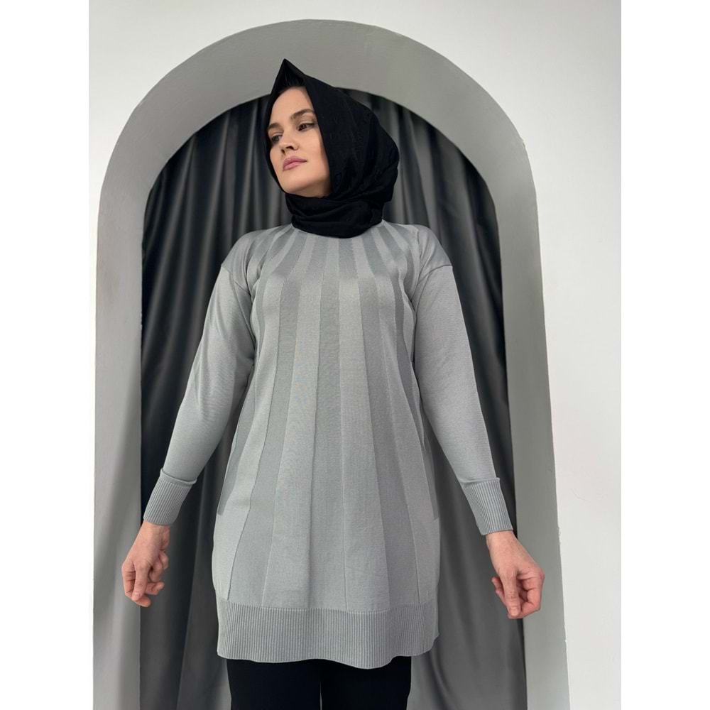 Büyük Şeritli Merserize Tunik 3190 - Gri - TEK BEDEN - AZRA05422-45449