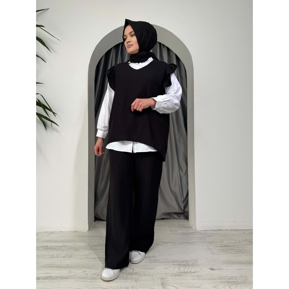 Kolları Büzgülü Üçlü Takım 25865 - Siyah - S