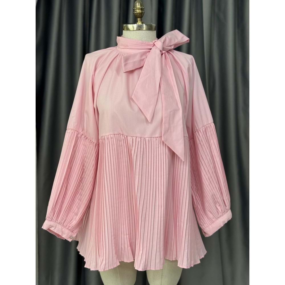 Kraş Detaylı Bağlamalı Bluz 81012 - Pembe - TEK BEDEN - AZRA05684-46803