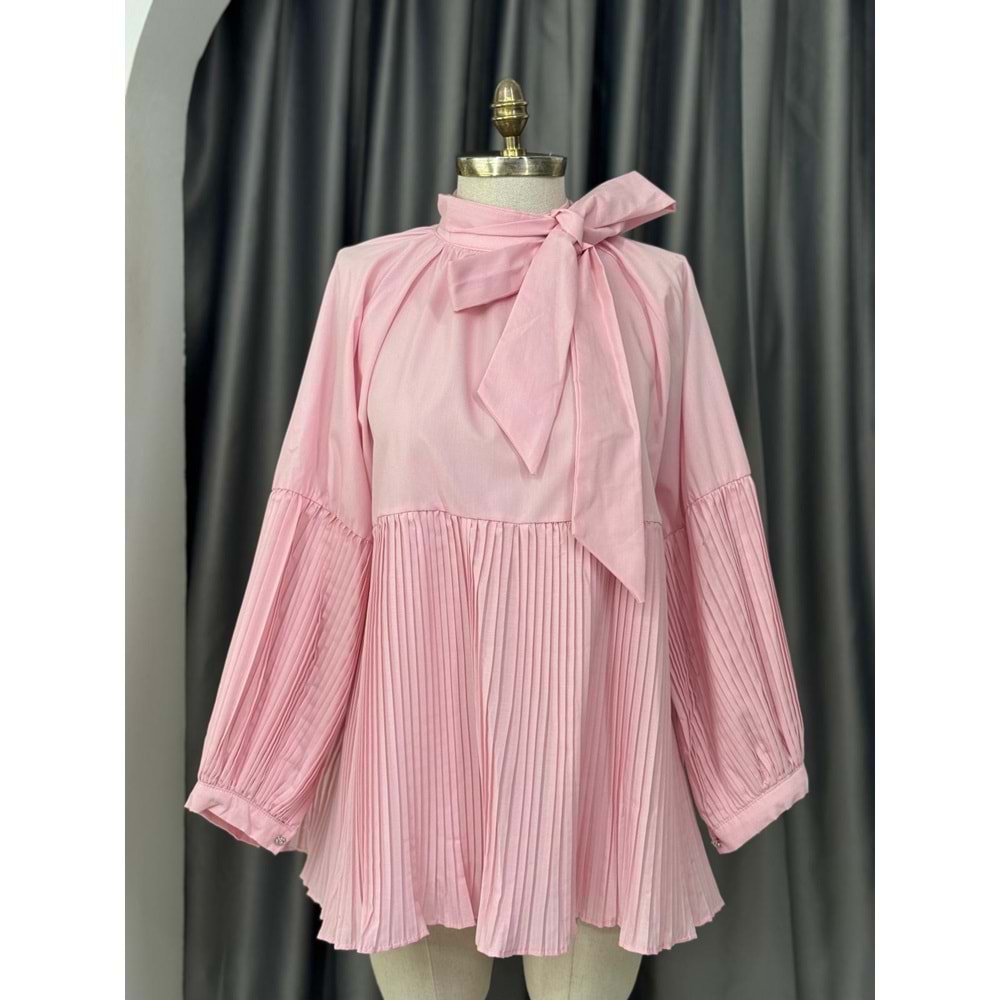 Kraş Detaylı Bağlamalı Bluz 81012 - Pembe - TEK BEDEN - AZRA05684-46803
