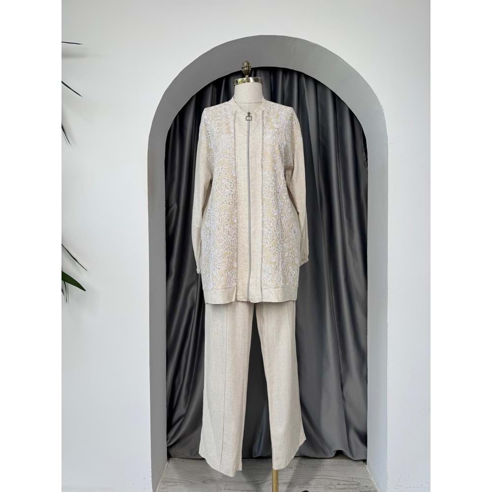 Nakış Detay Keten Takım 120185 - Bej - 36 - AZRA05697-46924
