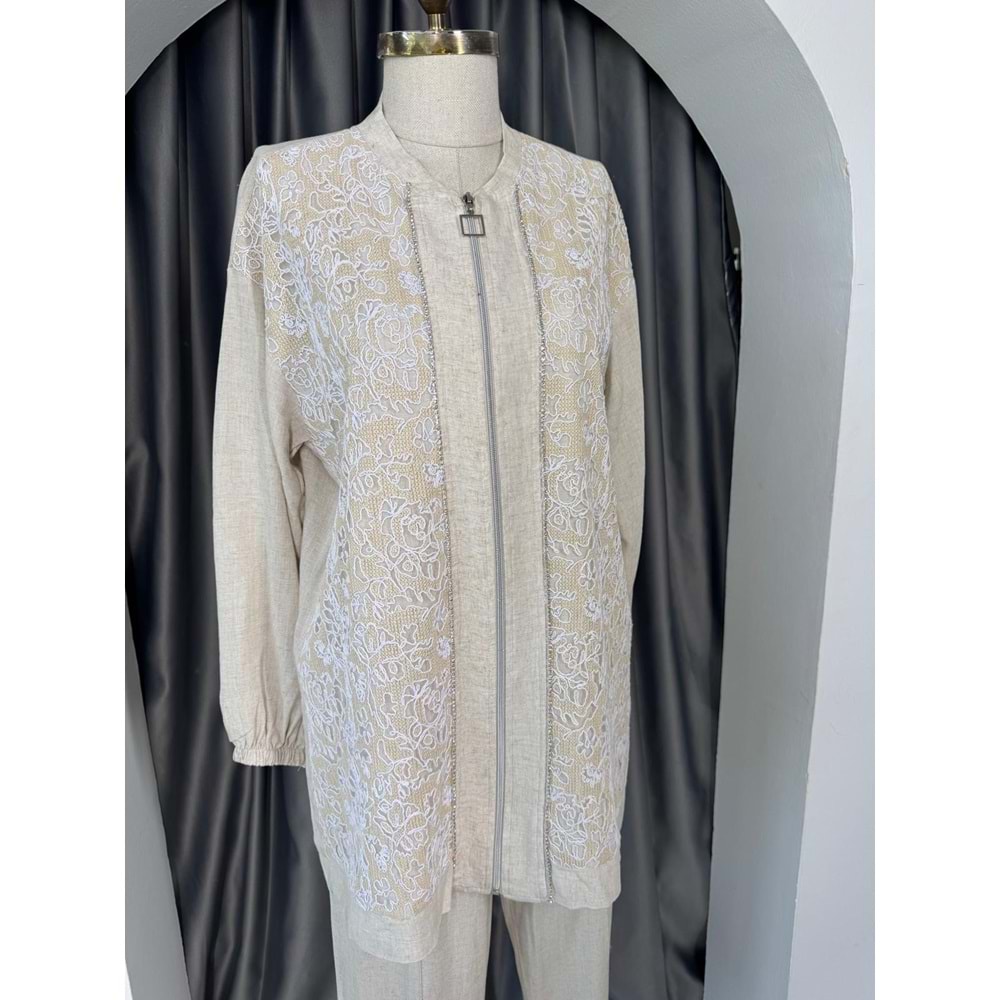 Nakış Detay Keten Takım 120185 - Bej - 36 - AZRA05697-46924