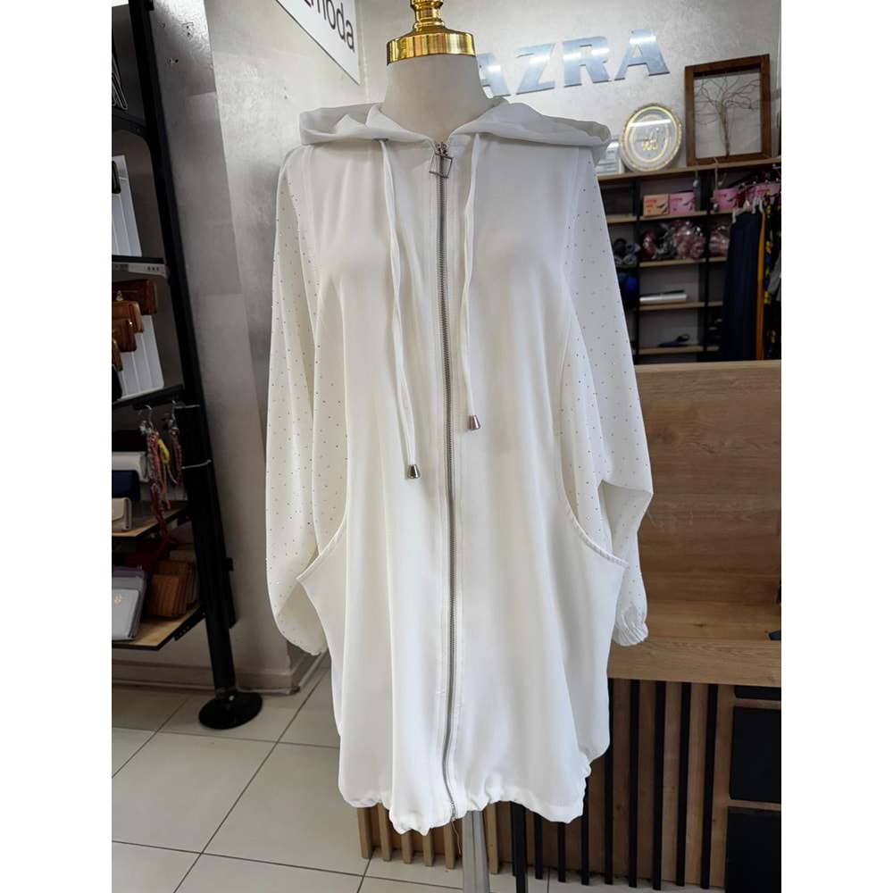 Oversize Kanguru Cepli Pullu Kot 140105 - Beyaz - 36 - AZRA05722-47192