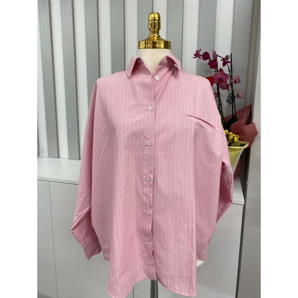 Çizgili Cep Görünümlü Gömlek 006825 - Pembe - L - AZRA05813-47903