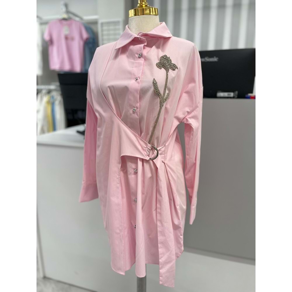 Önü Çiçek Taşlı Bağlamalı Gömlek 170175 - Pembe - 38 - AZRA05875-48514