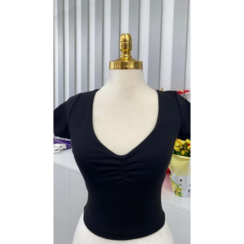 V Yaka Büzgülü Crop 4225 - Siyah - L