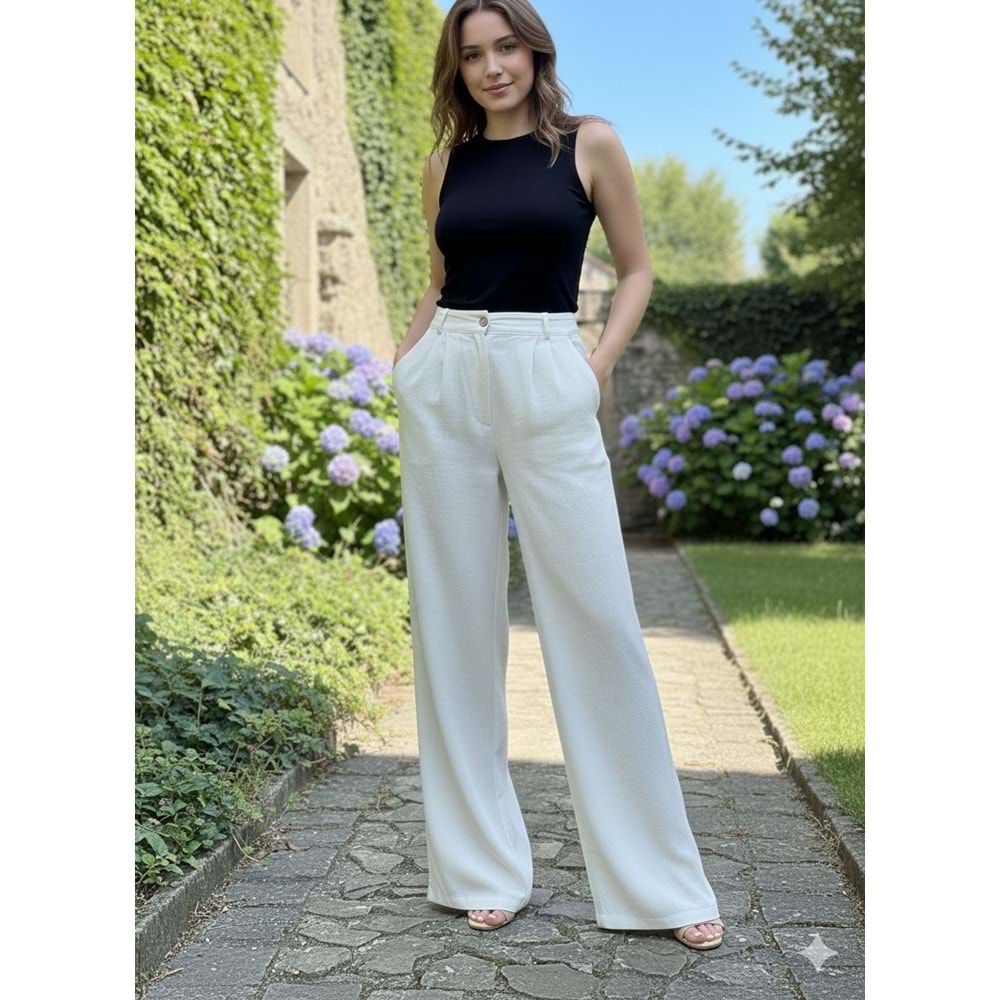 Taş Görünümlü Palazzo Pantolon 190056 - Ekru - 38