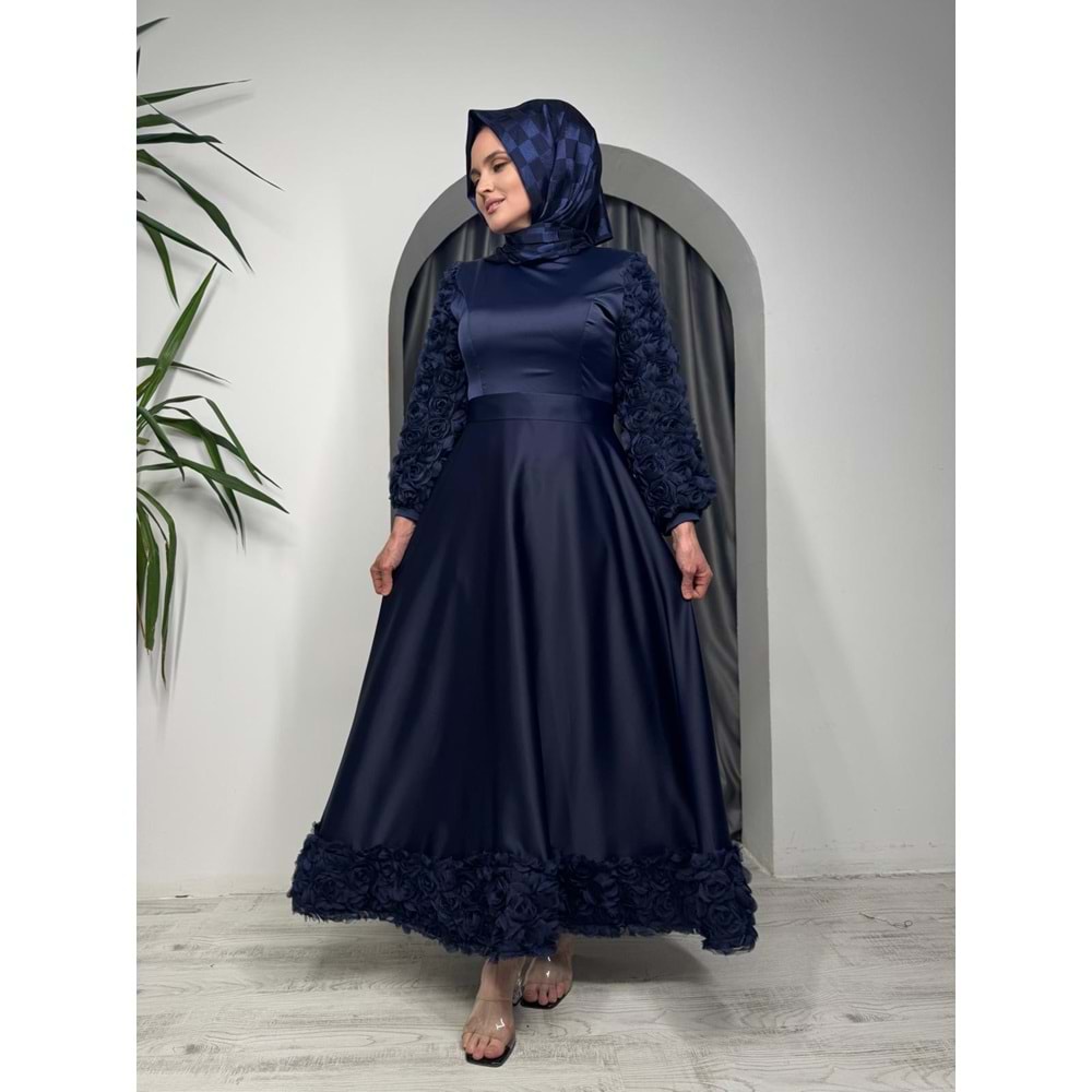 Kolu ve Etek Ucu Güllü Abiye Elbise 4661 - Lacivert - 40