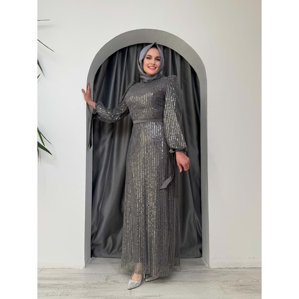 Pullu Payet Abiye Elbise 7060 - Gri - 38