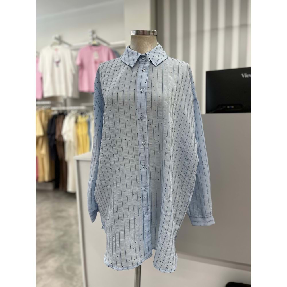 Çizgili Gömlek 16641 - azra fashion - Mavi - TEK BEDEN
