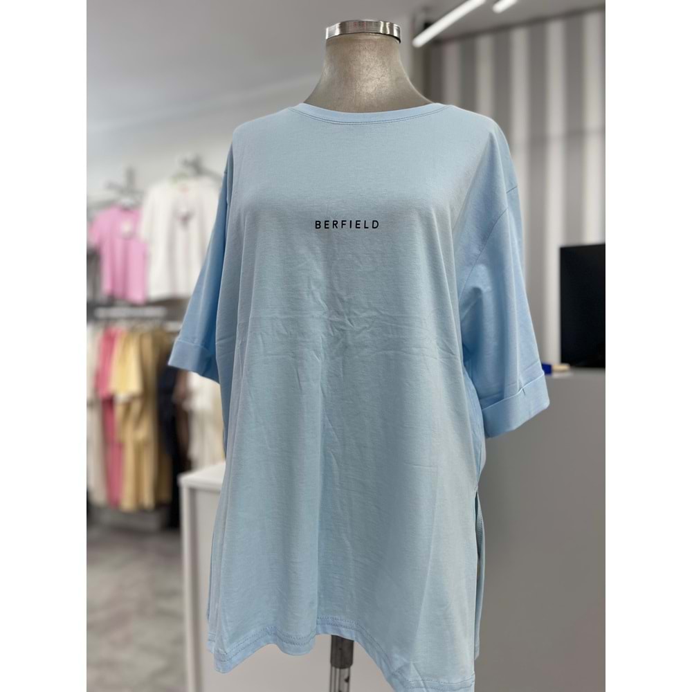 Yanları Yırtmaçlı Tişört 1309 - azra fashion - Bebe Mavisi - S-M