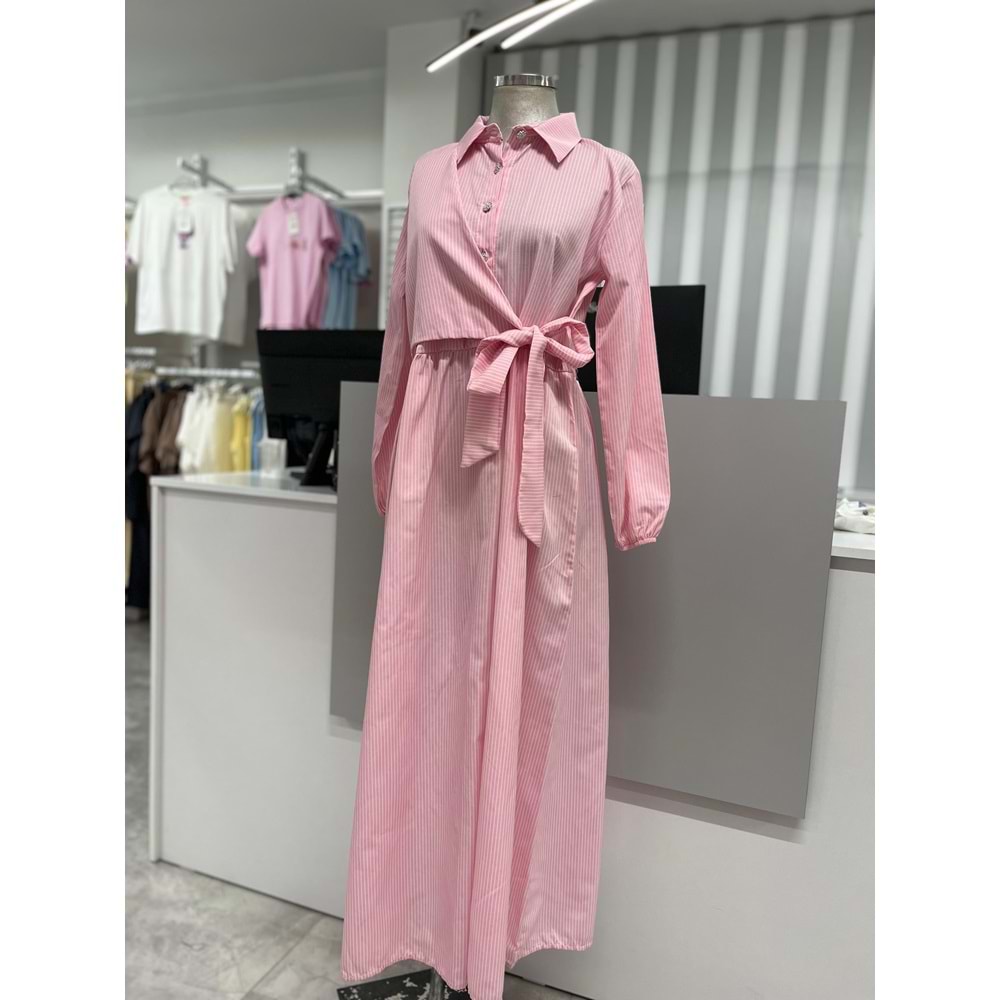 Çizgili Yan Bağlamalı Elbise 2390 - Pembe - S-M
