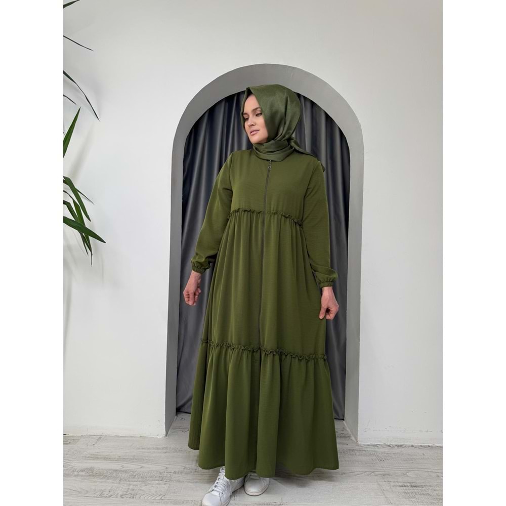 Beli Büzgülü Eteği Fırfırlı Ferace 5568 - Yeşil - 42-44