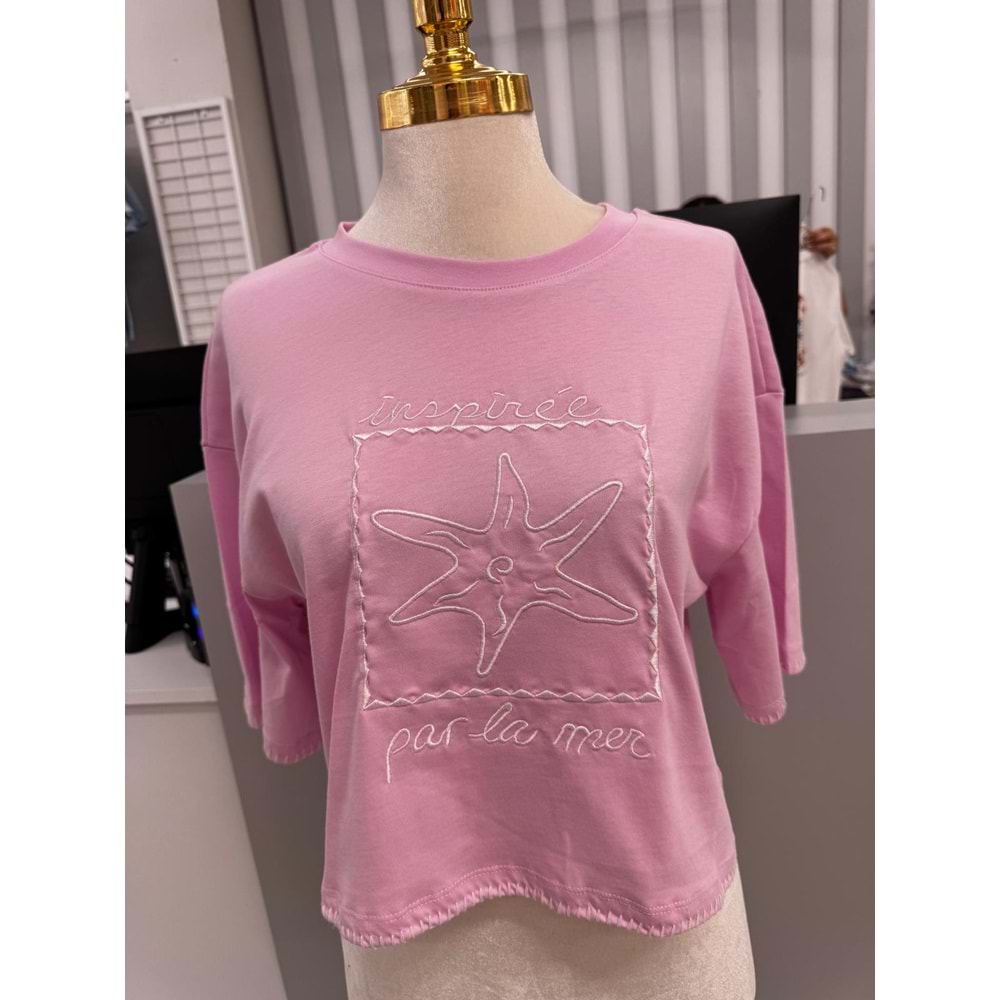 Yıldız Baskılı Kol Detaylı T-Shirt 10541 - Pembe - L