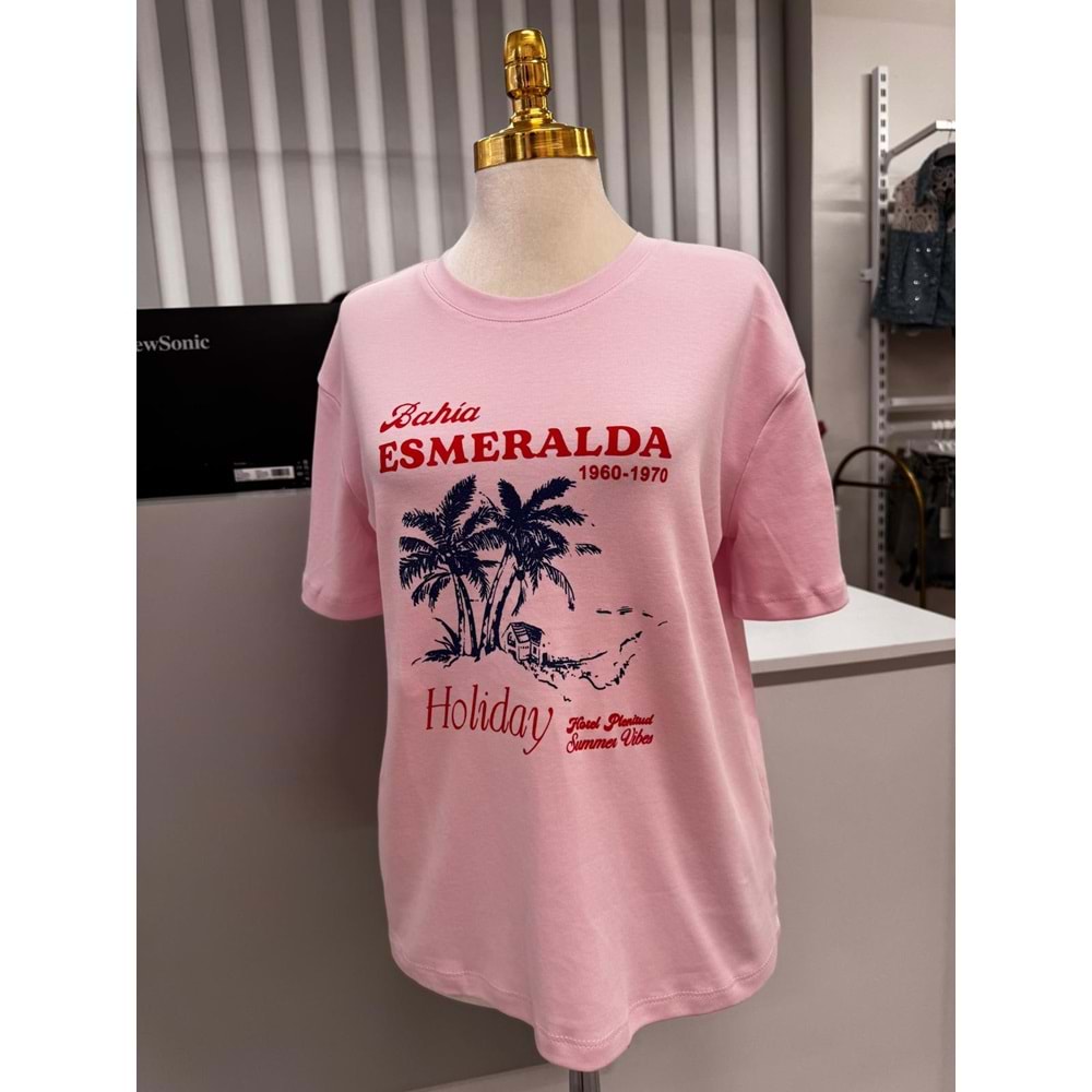 Palmiye Baskı T-shirt 10637 - Pembe - L