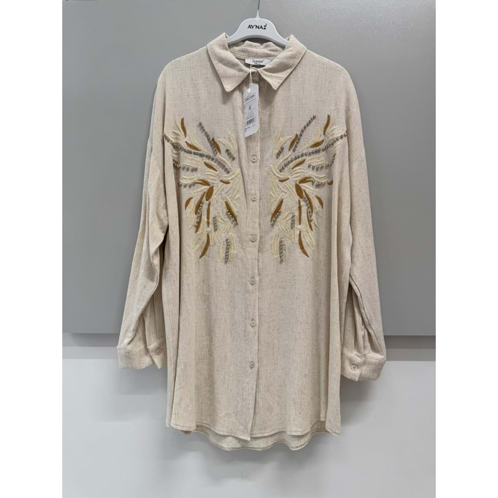Keten Taşlı Gömlek Oversize 170202 - Bej - TEK BEDEN - AZRA06284-52052
