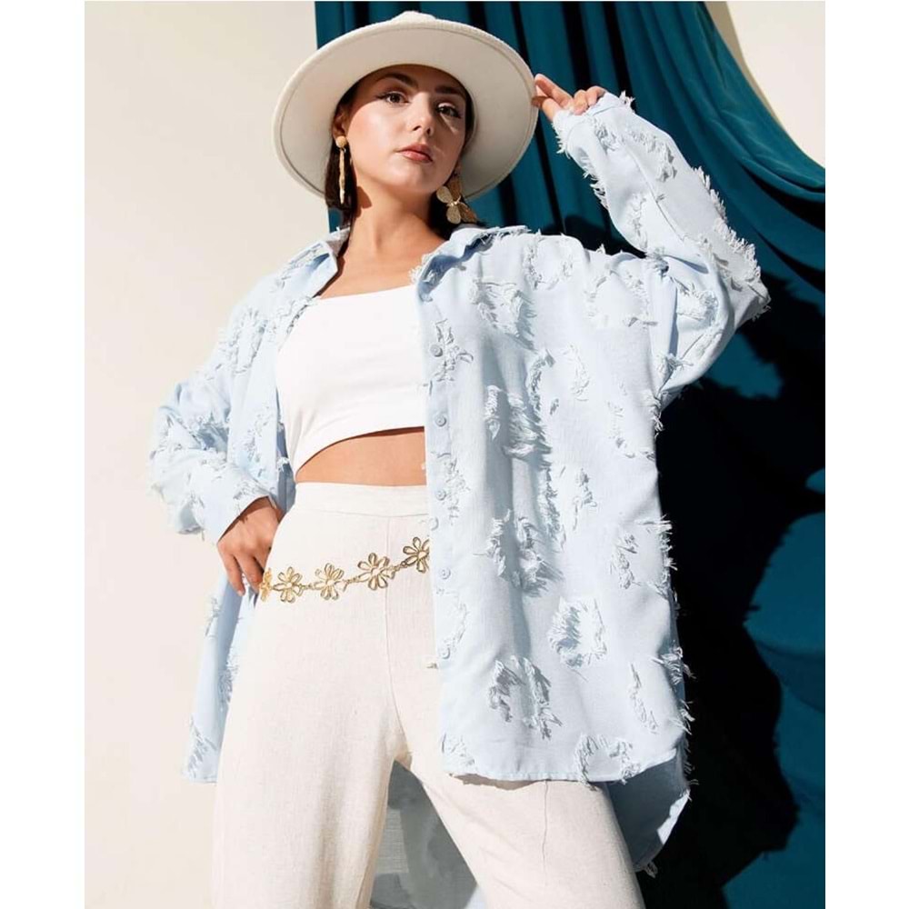 Saçaklı Oversize Gömlek 807 - Mavi - L-XL - AZRA06415-53037